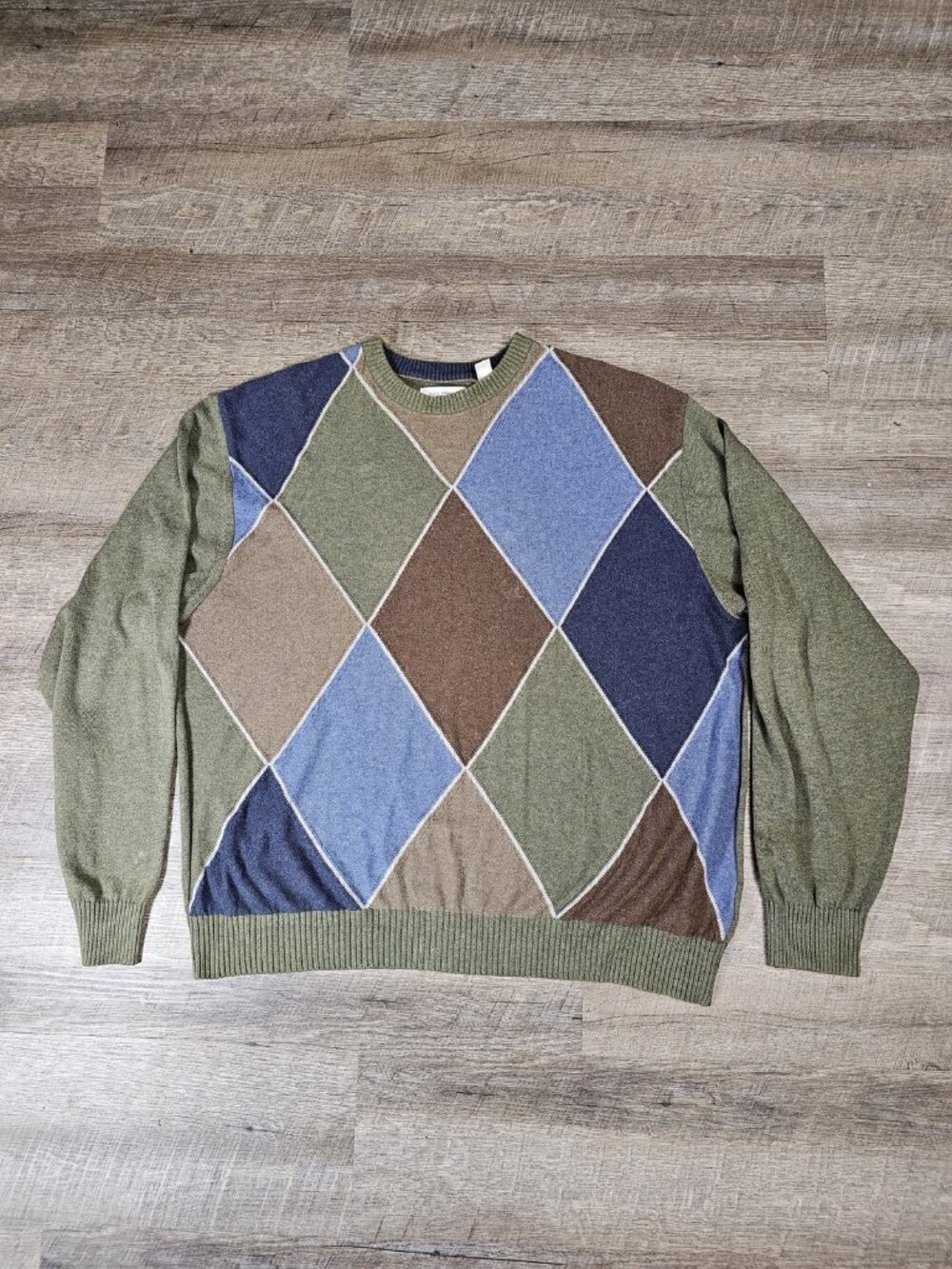 Alex Cannon Argyle Diamond Sweater Mens XL Olive Blue Brown 100% Cotton